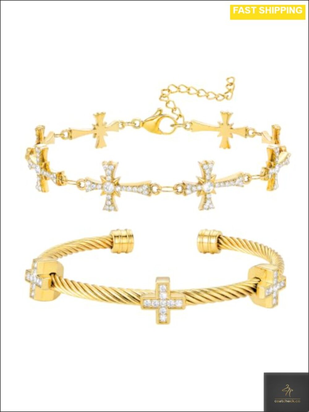 18K Gold Plated Stainless Steel Cross Cuff Bracelet Set Stackable Women